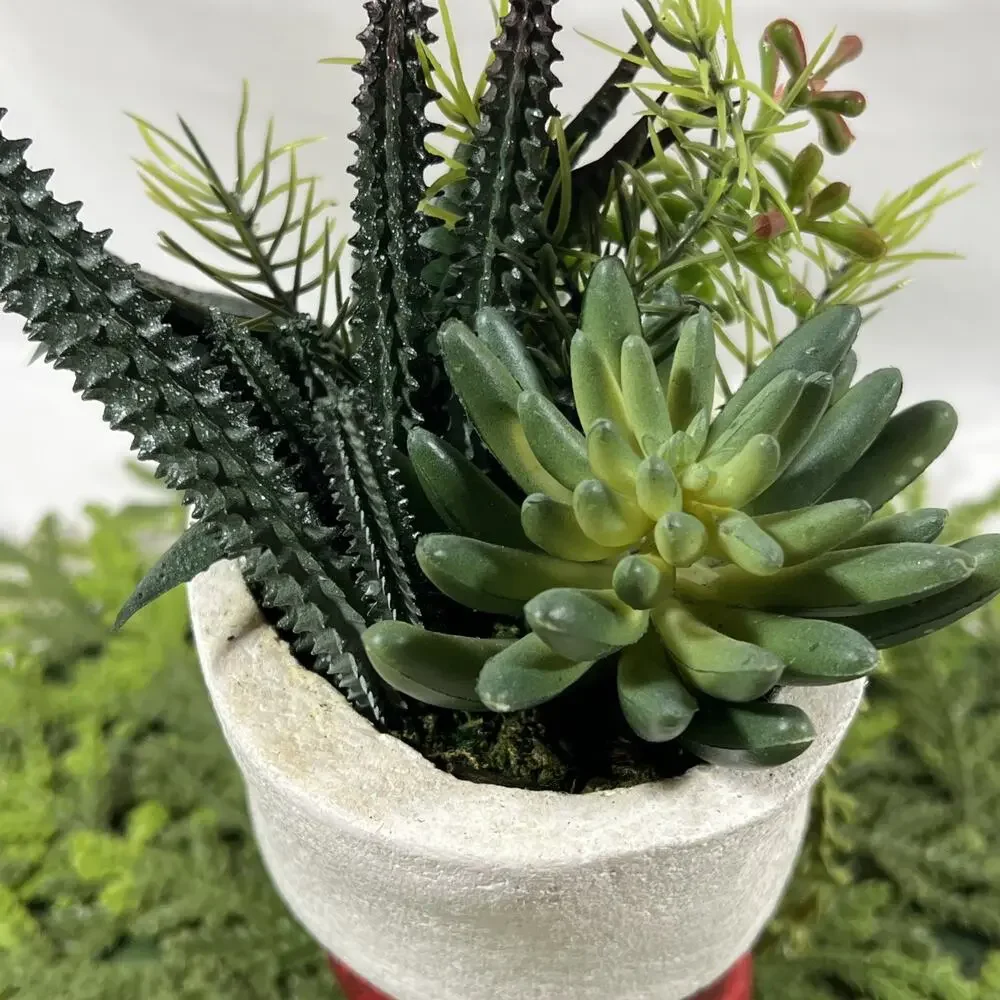 Vintage Ceramic Red Santa Boot Planter w/ Faux Plastic Succulents Plants